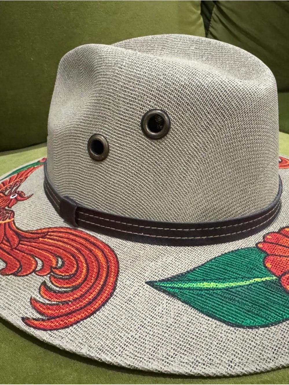 Hand Crafted Beige Straw Hat with Red Floral and Green Leaf Accents - Picture 3 of 5